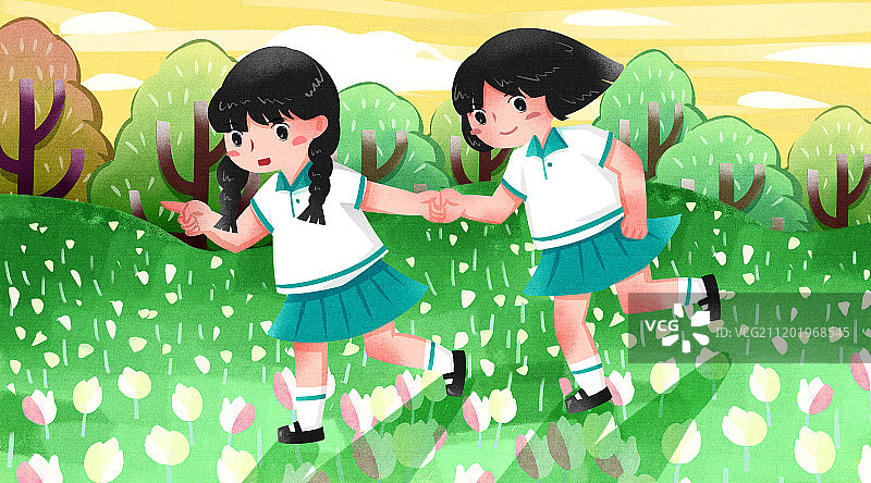 小清新风格青年节学生郊外奔跑图片素材