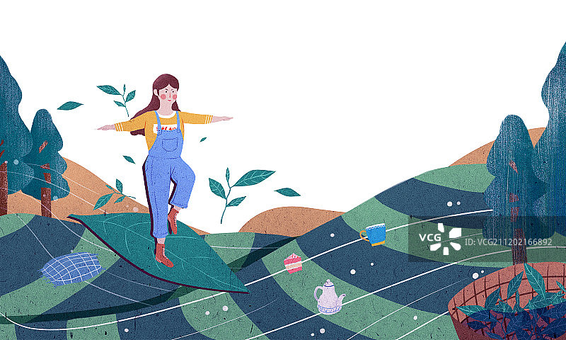 春季女孩踏青茶叶插画包装图片素材