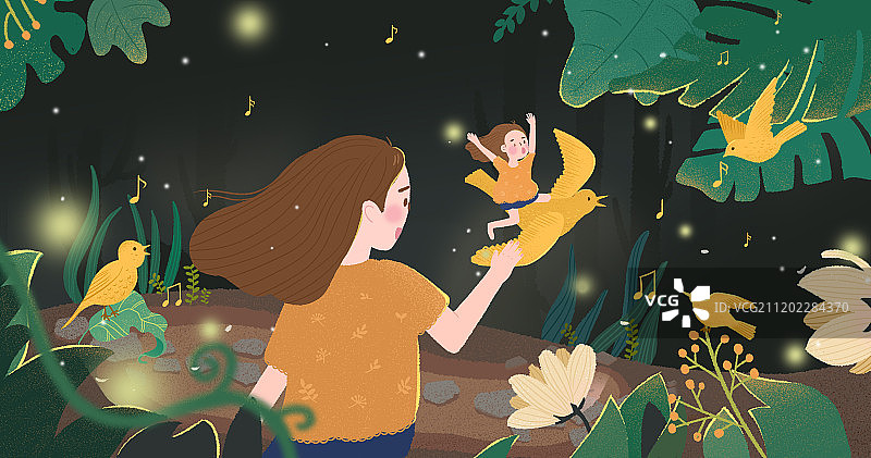 手绘森林中的女孩图片素材