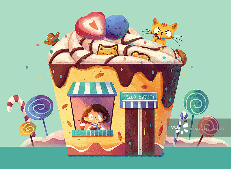 女孩与甜品店图片素材