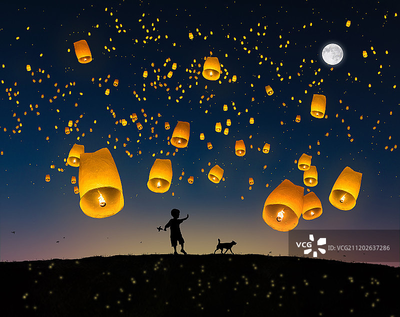 孔明灯月亮下的童年图片素材