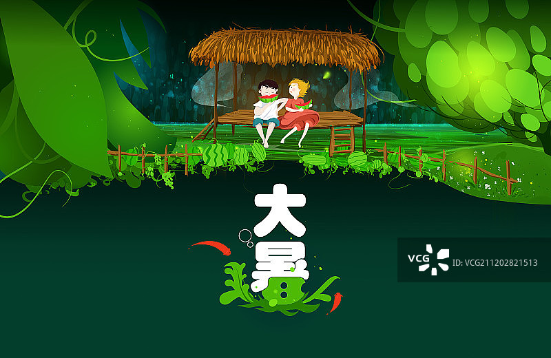 静夜大暑吃西瓜插画图片素材