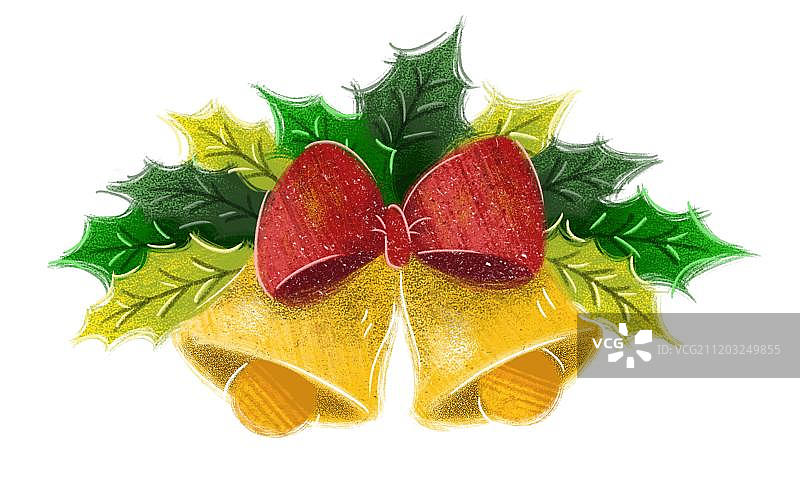 装饰着蝴蝶结和冬青叶的圣诞铃铛图片素材