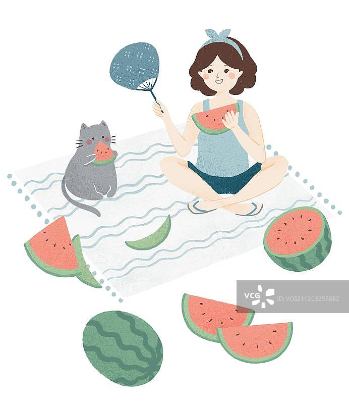 坐在地上吃西瓜的女孩和猫咪图片素材