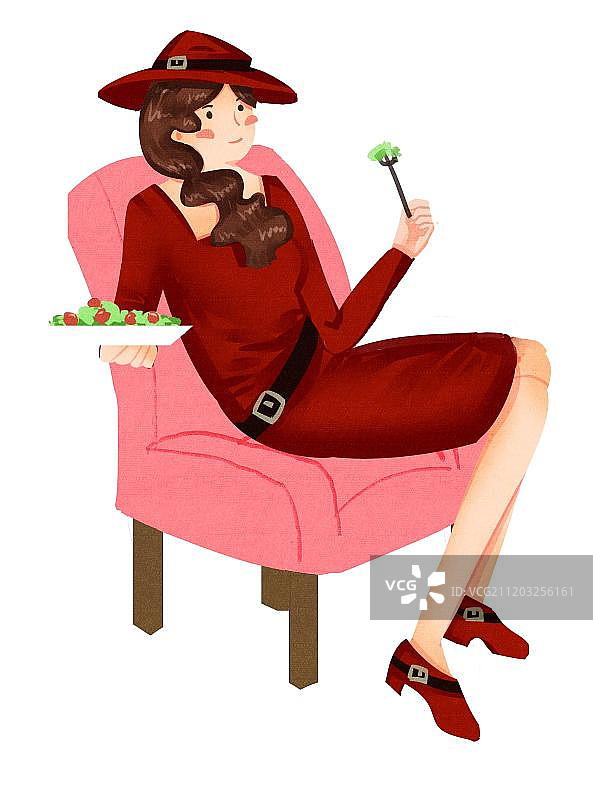小清新风格时尚女性坐着吃沙拉图片素材