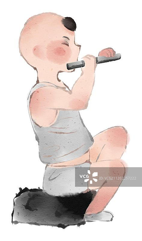 中国水墨风格童子吹笛子图片素材