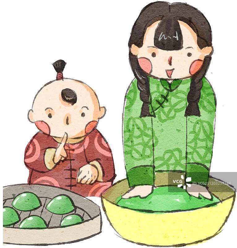 中国风姐弟做清明果图片素材