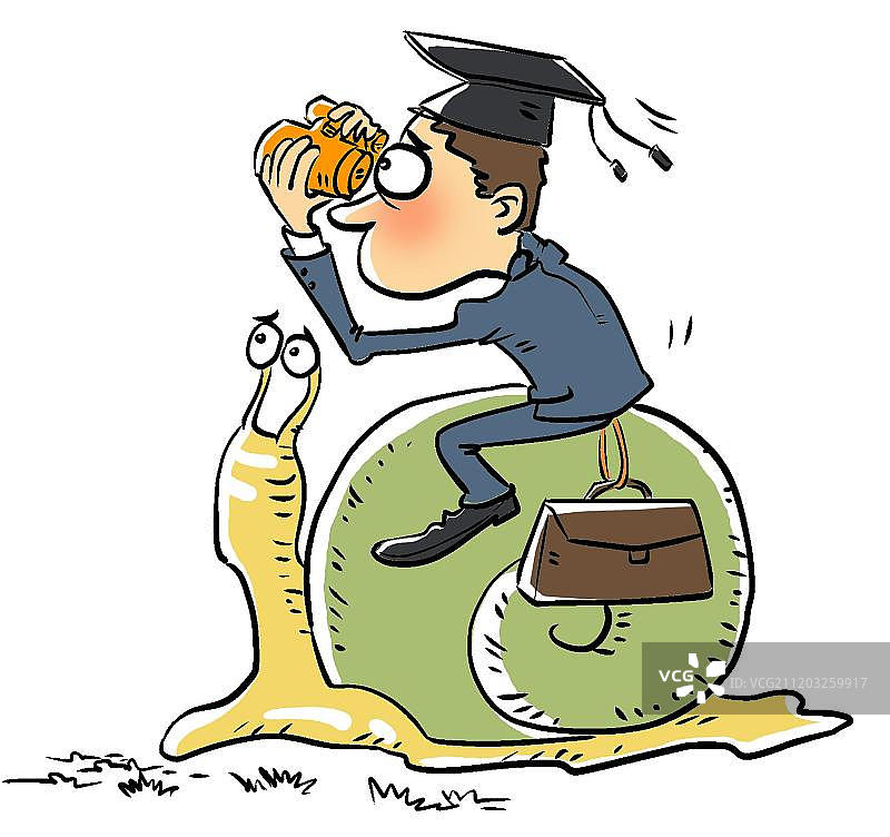 骑在蜗牛上观望的大学生图片素材