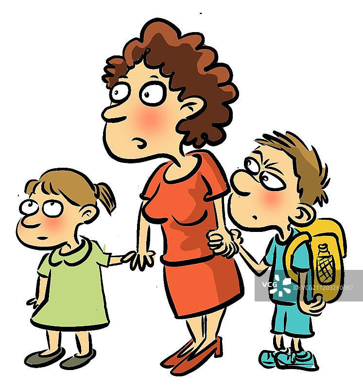 一个母亲带着两个孩子图片素材