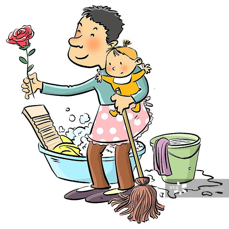 做家务送玫瑰的好丈夫图片素材