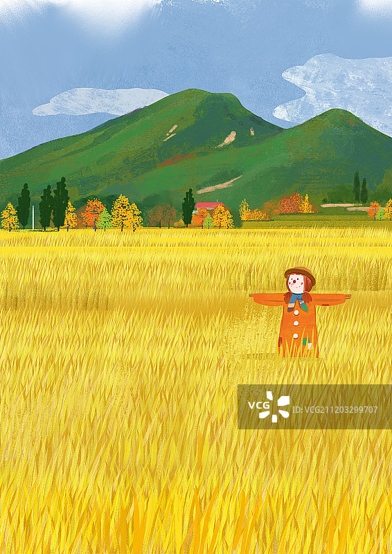 秋季田园风光稻田稻草人背景图片素材