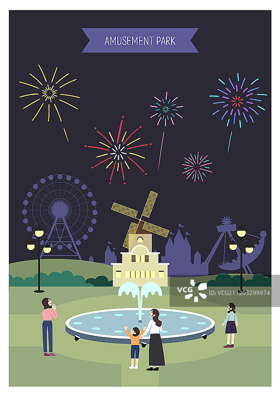 主题公园、游乐设施、年度活动、野餐、风车、烟花、喷泉图片素材