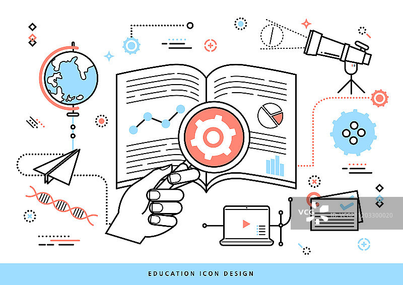 教育相关：虚线、线条艺术、手、放大镜、地球仪、望远镜图片素材
