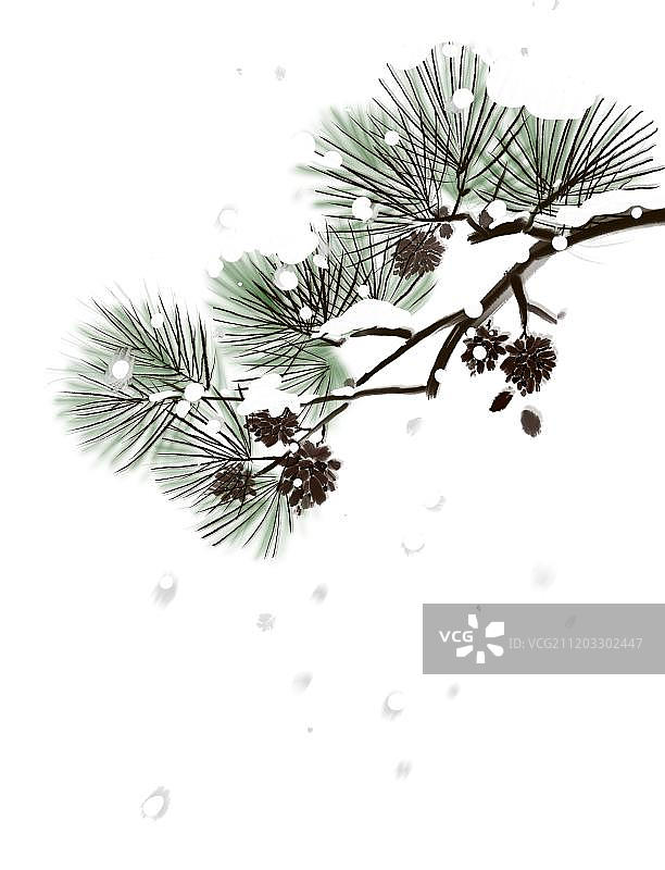 国画下雪松树图片素材