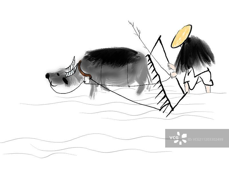 中国画水墨耕种的农夫图片素材