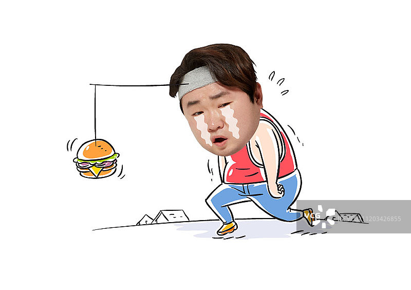超重男子与卡通插画合成图像图片素材