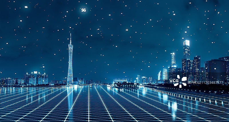5G概念的广州CBD珠江两岸繁华夜景图片素材