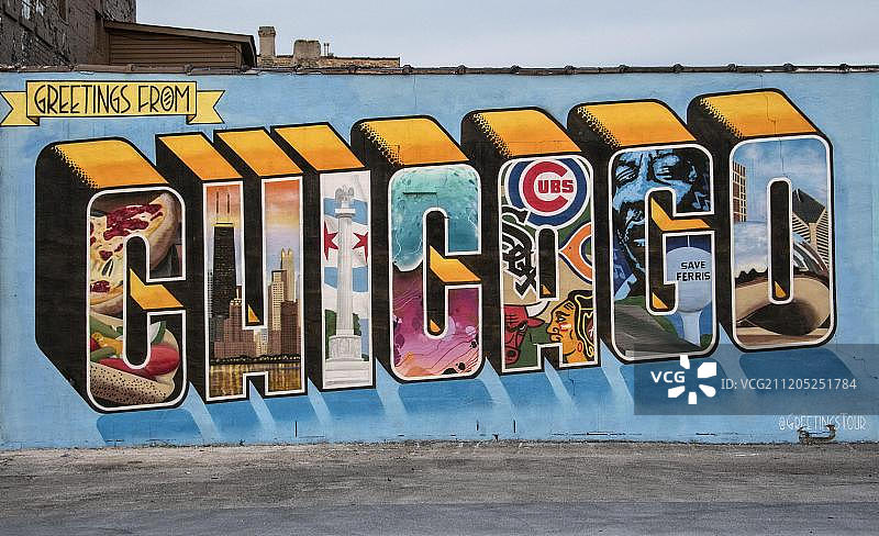 来自芝加哥的问候，北美洲美国伊利诺伊州芝加哥威克公园北密尔沃基大街的壁画图片素材