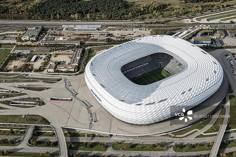 鸟瞰图，安联球馆，慕尼黑，上巴伐利亚，德国，欧洲图片素材