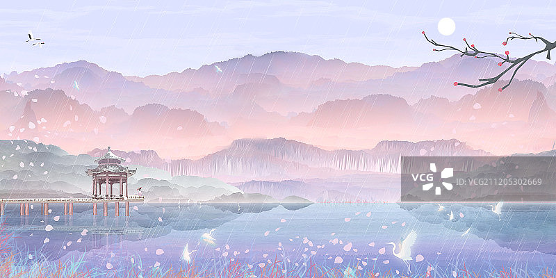 春天女孩户外旅游春雨绵绵唯有明月照清风插画背景海报图片素材