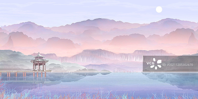 春天女孩户外旅游春雨绵绵唯有明月照清风插画背景海报图片素材