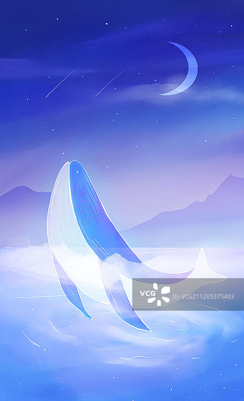 鲸鱼跃出水面手绘梦幻插画图片素材