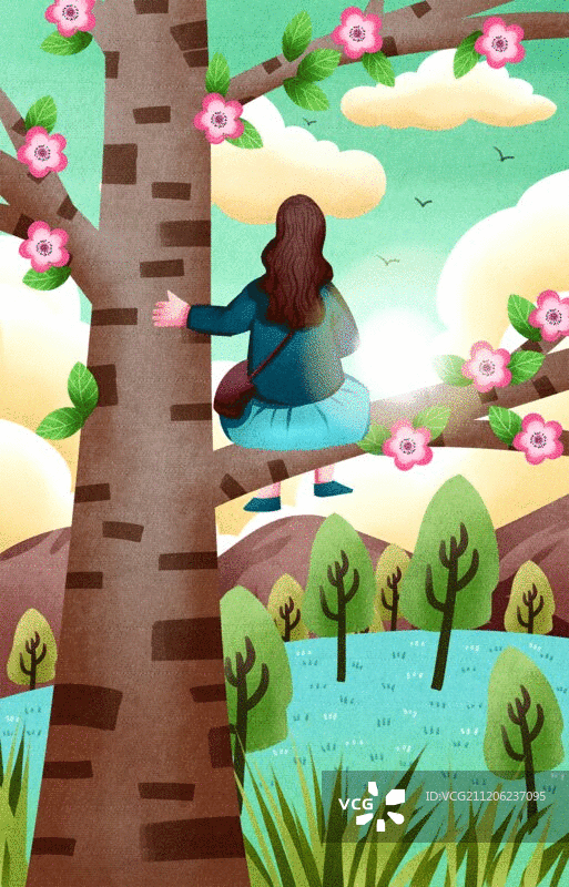 小清新三月你好女孩在树上图片素材