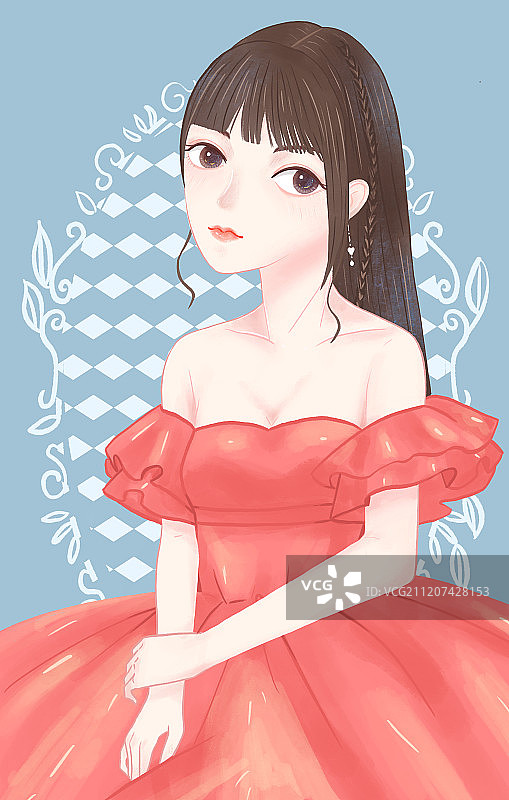 手绘插画穿红色礼服的少女图片素材