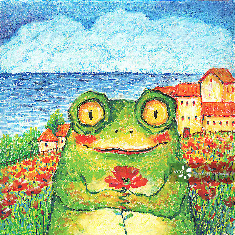 油画棒色粉笔重彩儿童插画动物插画系列在海边抱着花的青蛙图片素材