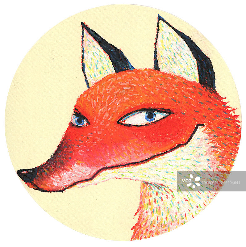 油画棒色粉笔重彩儿童插画动物插画系列狡猾的狐狸图片素材