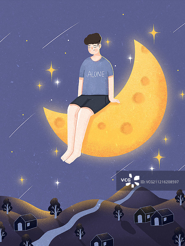 坐在月亮上的小男孩图片素材