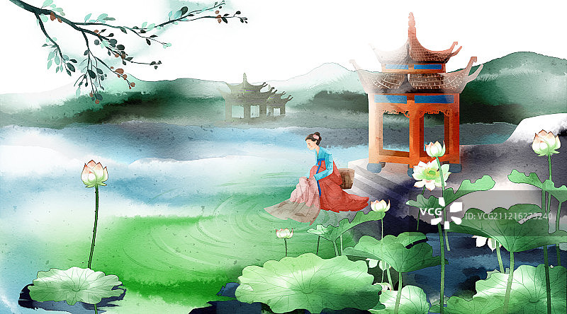 水彩风格女性湖边洗衣服插画图片素材