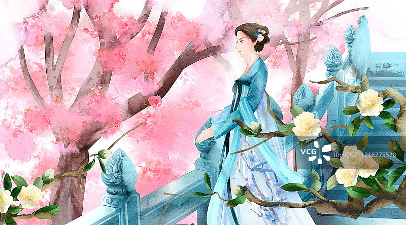 水彩风格古代女性插画图片素材