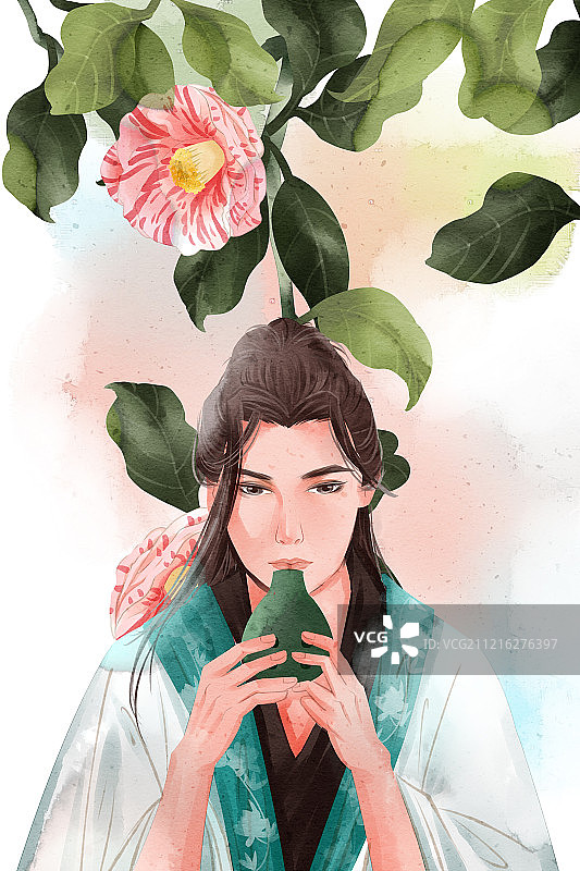 水彩风格古代男性吹埙插画图片素材
