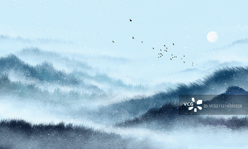 中国风山水雪景水墨插画图片素材