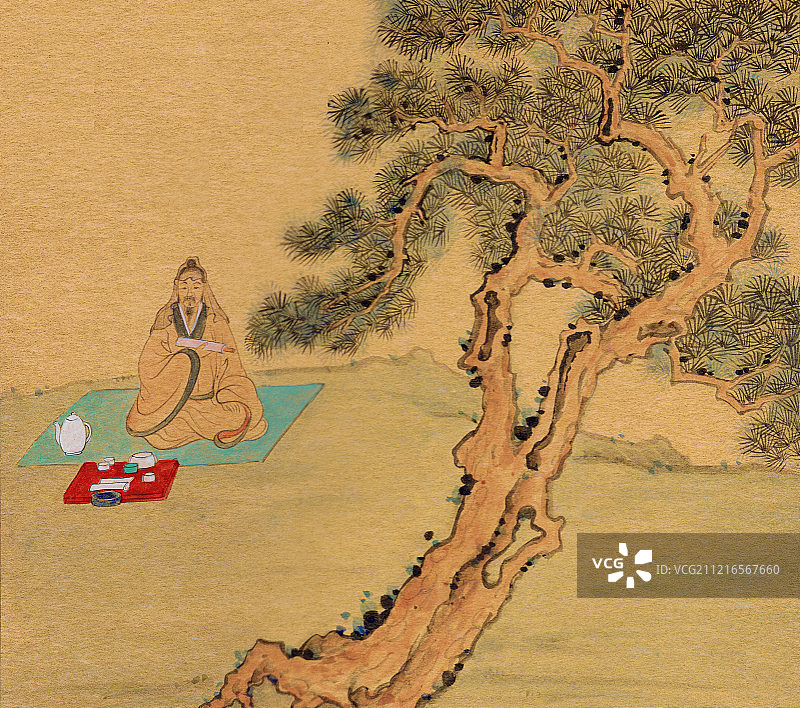 手绘中国人物画松下读书图片素材