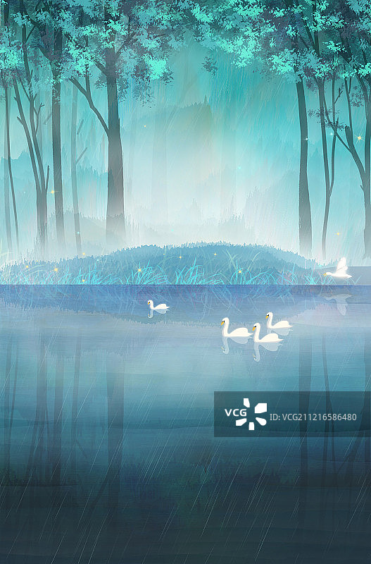 夏天茂密的森林里，水鸭在河流中游泳插画背景海报图片素材