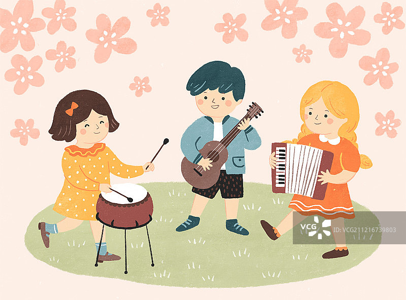 春天小朋友的草地音乐会图片素材