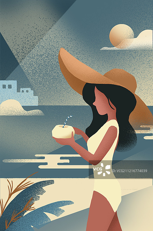 复古夏天海边沙滩插画图片素材