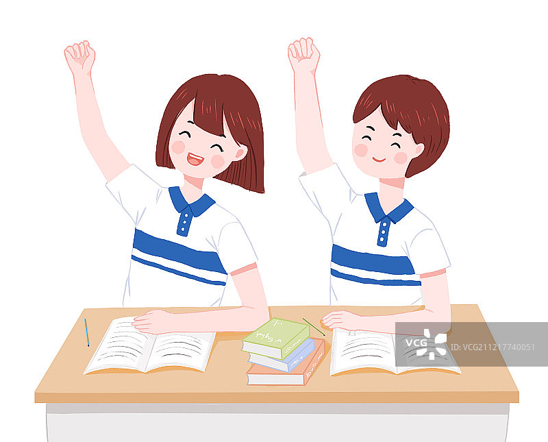 手绘插画 两个穿校服的学生举起手图片素材
