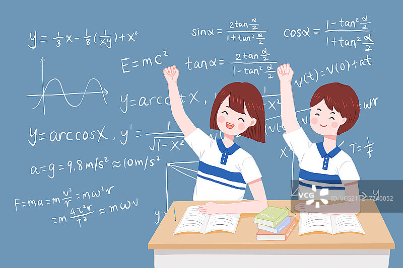 手绘插画 两个穿校服的学生举起手图片素材