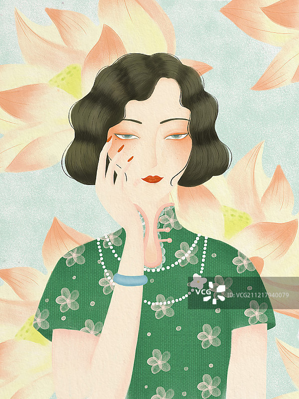 花与旗袍少女二图片素材