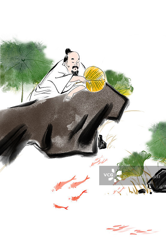 传统水墨插画夏季荷花池塘边纳凉图片素材
