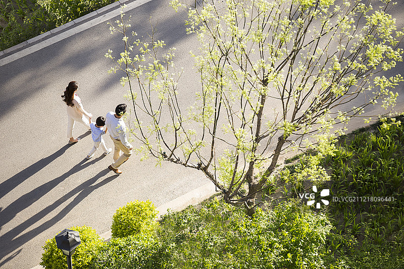 快乐的年轻家庭手牵手散步图片素材