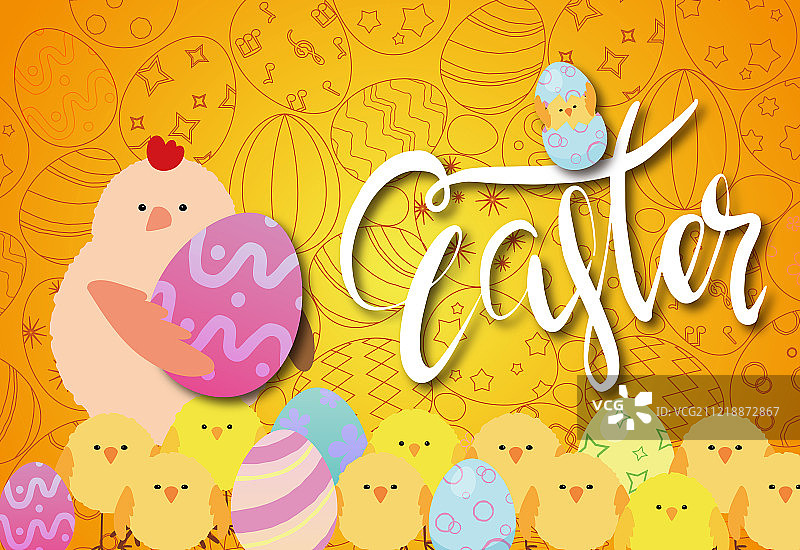 复活节彩蛋母鸡与小鸡图片素材