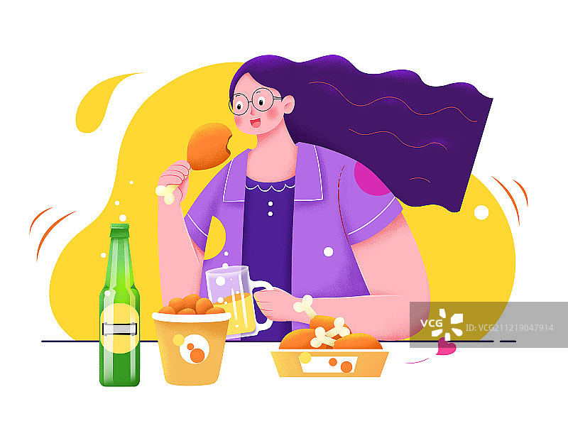 一个在吃炸鸡喝啤酒的女孩图片素材