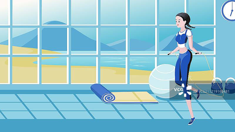 女孩室内跳绳健身矢量图图片素材