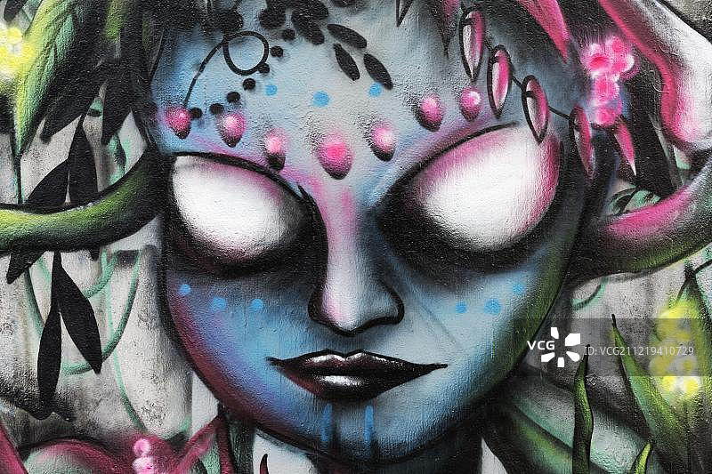 德国杜塞尔多夫名人堂的街头艺术涂鸦：无眼女人、蛇骨头饰肖像图片素材