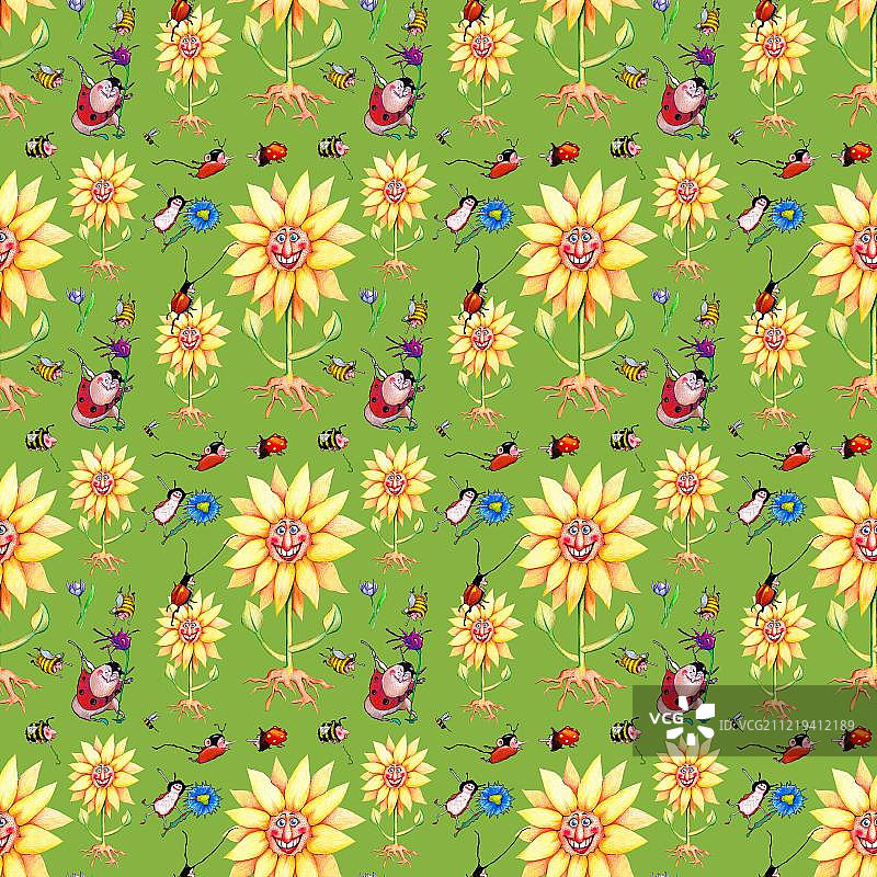 绿色无缝图案包装纸：野生向日葵草地图片素材