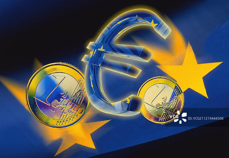 欧元符号、欧元图案和欧元硬币，法国，欧洲图片素材